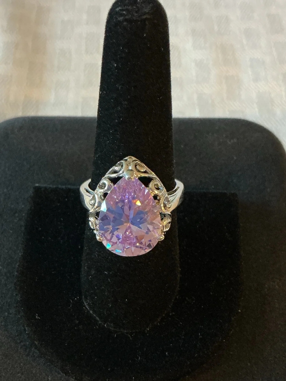 Lavender Pear Cut Cubic Zirconia Silver Tone 3.5 Carat DEW Ring